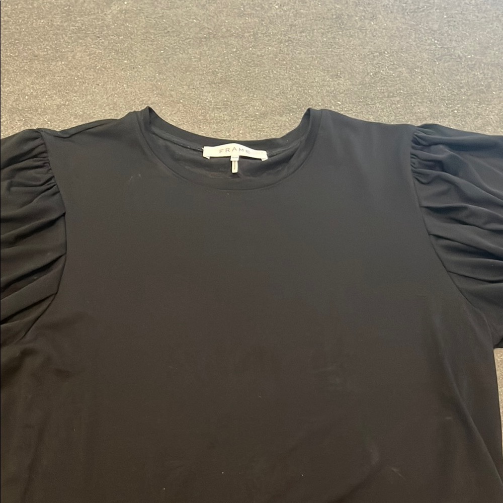 Frame Denim Black Puff Sleeve Ruched T-Shirt